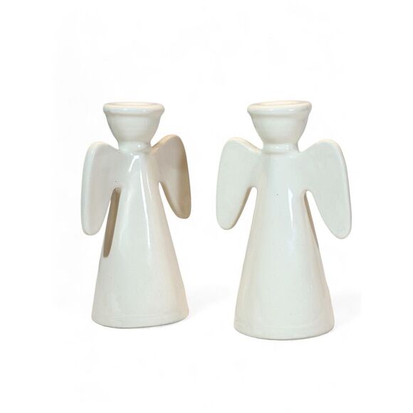 White Ceramic Angel Candle Holders Minimalistic Wedding Holiday Decor set of two - Picture 8 of 10